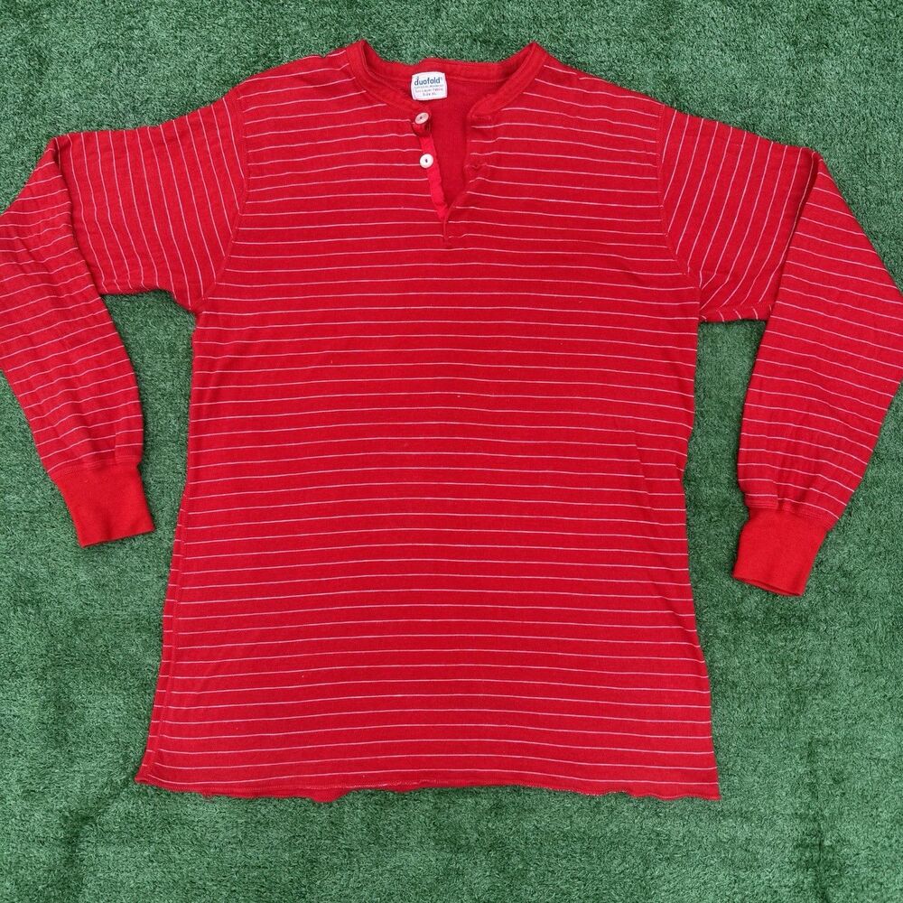 Vintage Duofold Two Layer Thermal Henley Shirt XL Red Striped Cotton Wool USA